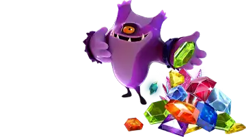 Изображение с персонажами Новое Ретро интернет казино, окруженными разноцветными драгоценными камнями, символизирующими регулярные награды для игроков и создающими атмосферу игры и вознаграждения.